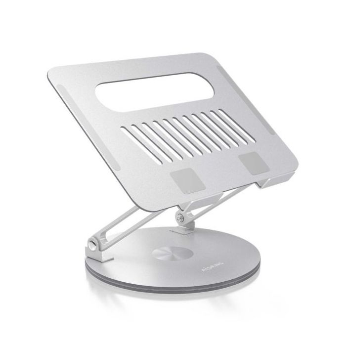 Aisens Soporte Sobremesa XL Giratorio y Ajustable para Portatil O Tablet - Aleacion de Aluminio - Rotacion 360° - Plegable y Compacto - Antideslizante - Compatible 10-17" - Color Plata