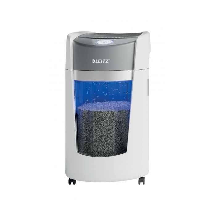Leitz IQ OptiMax Office Destructora de Papel DIN P5 - Destruye hasta 10 Hojas - Papelera de 35L con Tecnologia de Giro - Ruedas Giratorias - Color Blanco/Gris
