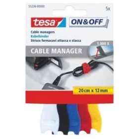 Tesa On - Off Cables Manager Pack de Tiras de Velcro 20cm x 12mm - Para Organizar Cables - Colores Surtidos
