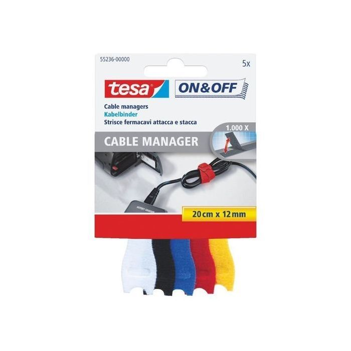 Tesa On - Off Cables Manager Pack de Tiras de Velcro 20cm x 12mm - Para Organizar Cables - Colores Surtidos