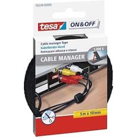 Tesa On - Off Cable Manager Pack de Tira de Velcro 5m x 10mm - Para Organizar Cables - Color Negro