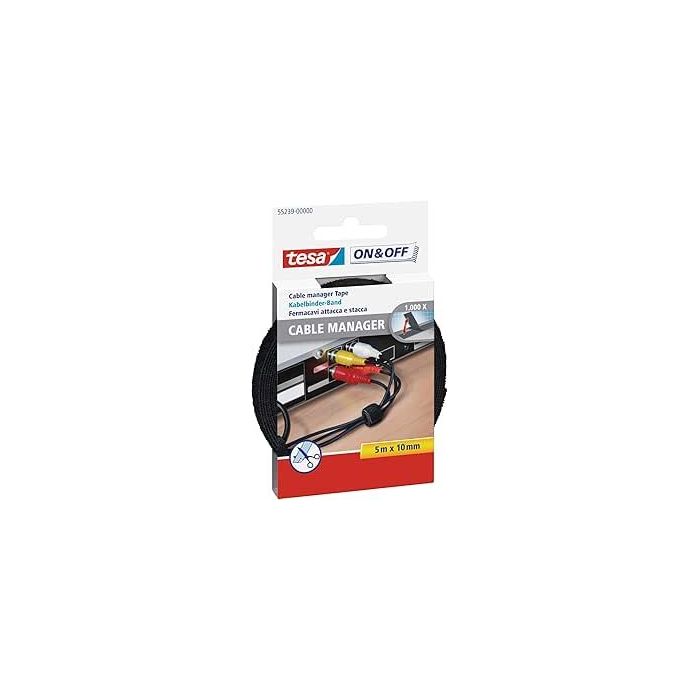Tesa On - Off Cable Manager Pack de Tira de Velcro 5m x 10mm - Para Organizar Cables - Color Negro