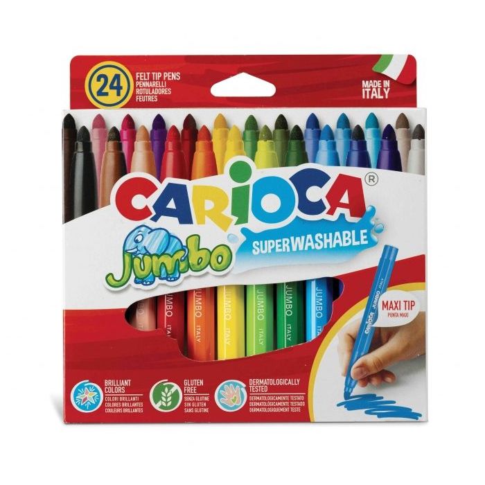 Carioca Jumbo Pack de 24 Rotuladores - Cuerpo Octogonal Maxi - Tinta Superlavable - Punta Maxi 6mm Bloqueada - Tapa Ventilada - Color Varios