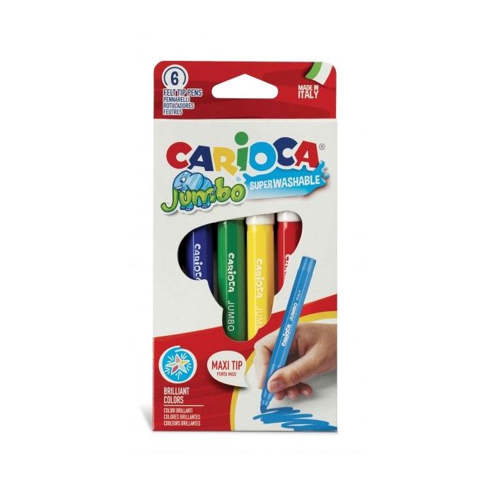 Carioca Pack de 6 Rotuladores Jumbo - Cuerpo Octogonal Maxi - Tinta Superlavable - Punta Maxi 6mm Bloqueada - Tapa Ventilada - Color Varios