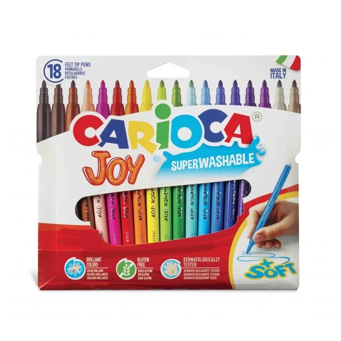 Carioca Joy Pack de 18 Rotuladores - Tinta Superlavable - Punta Fina 2.8mm - Bloqueada - Tapa Ventilada - Color Varios