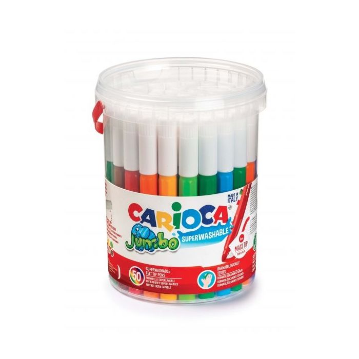 Carioca Jumbo Pack de 50 Rotuladores - Cuerpo Octogonal Maxi - Tinta Superlavable - Punta Maxi 6mm Bloqueada - Tapa Ventilada - Color Varios