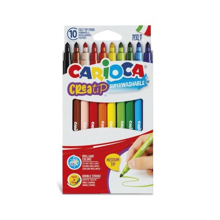 Carioca Creatip Pack de 10 Rotuladores - Tinta Superlavable - Punta Media con Doble Carrera - Punta Bloqueada y con Tapa Ventilada - Color Varios