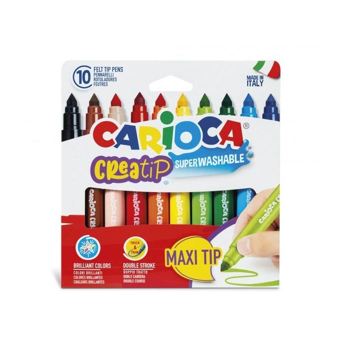 Carioca Creatip Maxi Pack de 10 Rotuladores - Tinta Superlavable - Punta Maxi con Doble Carrera - Punta Bloqueada y con Tapa Ventilada - Color Varios