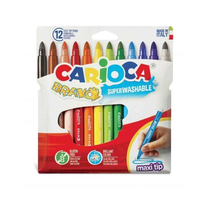 Carioca Bravo Pack de 12 Rotuladores - Cuerpo Octogonal Maxi - Tinta Superlavable - Punta Maxi 6mm Bloqueada - Tapa Ventilada - Color Varios