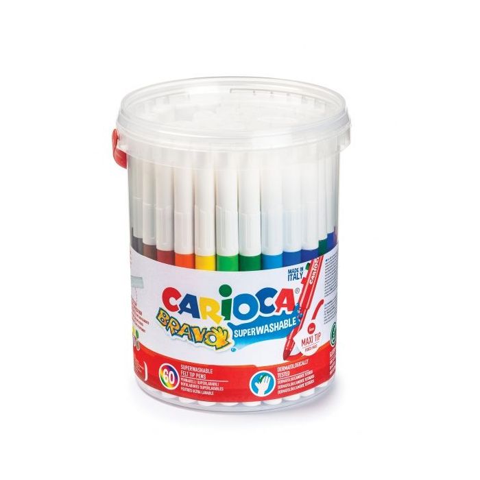 Carioca Bravo Pack de 60 Rotuladores - Cuerpo Octogonal Maxi - Tinta Superlavable - Punta Maxi 6mm Bloqueada - Tapa Ventilada - Color Varios
