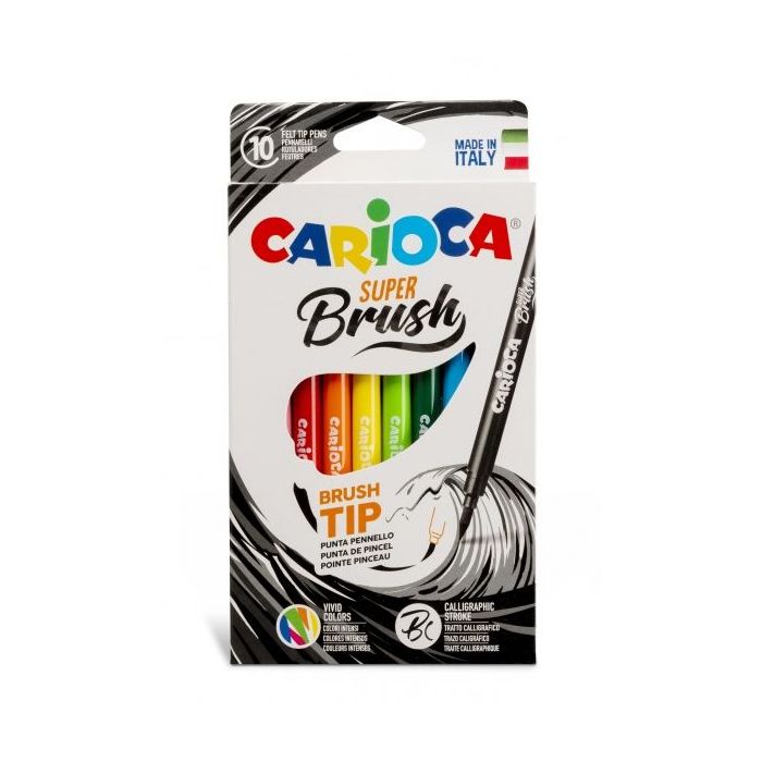Carioca Super Brush Pack de 10 Rotuladores - Punta Pincel Suave y Flexible - Tinta Lavable - Colores Super Brillantes - Perfecto para Caligrafia y Lettering - Color Varios