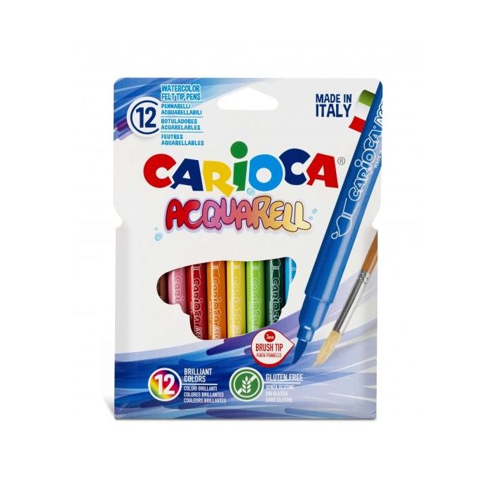 Carioca Acquarell Pack de 12 Rotuladores Acuarelables - Punta Pincel Bloqueada - Tinta Lavable - Colores Difuminables con Agua y Pincel - Recomendado para Papel de Dibujo - Color Varios