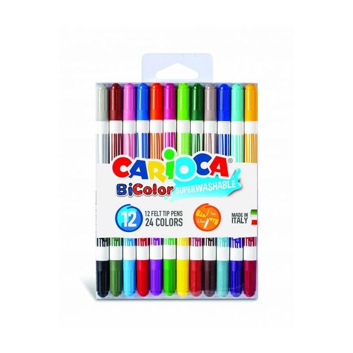 Carioca Bicolor Pack de 12 Rotuladores - Dos Colores por Rotulador - Tinta Superlavable - Punta Conica para Doble Trato de Escritura - Color Varios