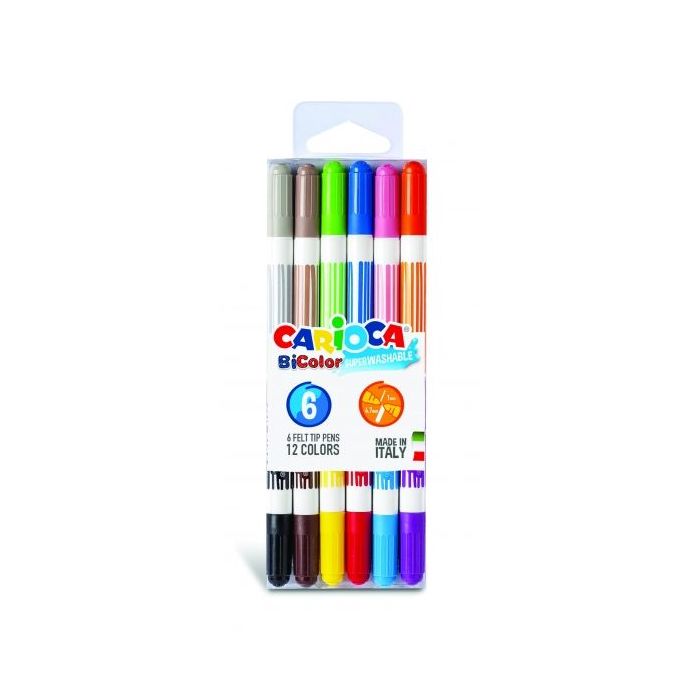 Carioca Bicolor Pack de 6 Rotuladores - Dos Colores por Rotulador - Tinta Superlavable - Punta Conica para Doble Trato de Escritura - Color Varios