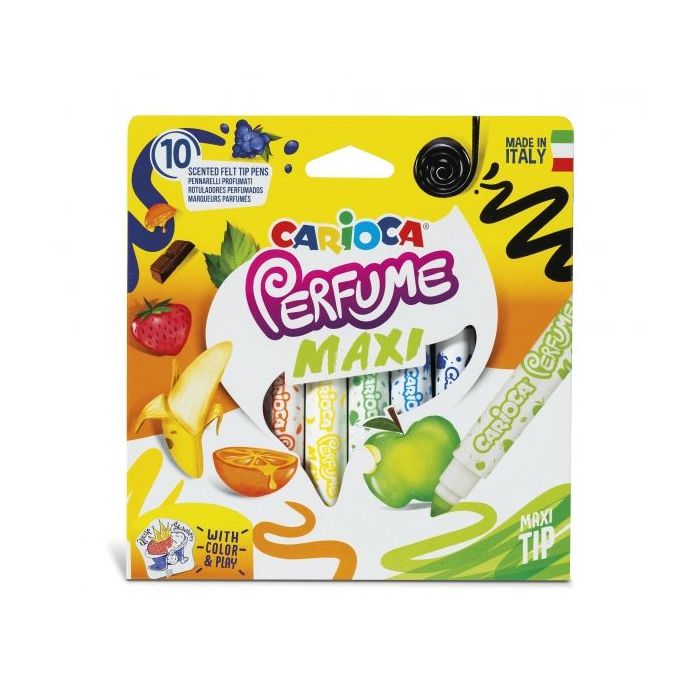 Carioca Perfume Maxi Pack de 10 Rotuladores - Tinta Perfumada - Lavable - Libre de Sustancias Alergenicas - Aromas Naturales - Punta Bloqueada y Conica - Color Varios