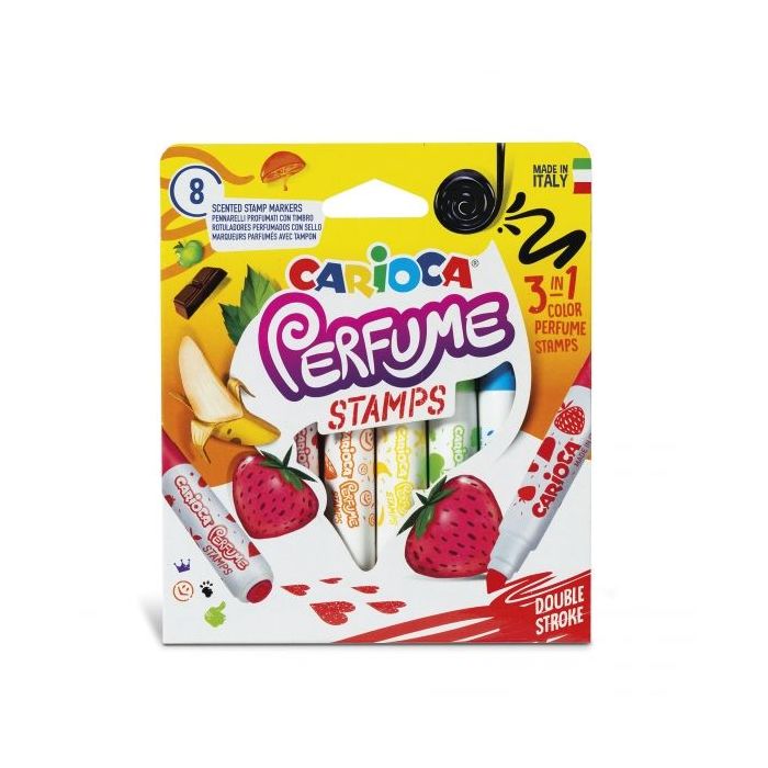 Carioca Pack de 8 Rotuladores Perfumados Doble Punta - Tinta Perfumada y Lavable - Aromas Naturales - Libre de Sustancias Alergenicas - Punta Bloqueada y Conica para Doble Trazo - Color Varios