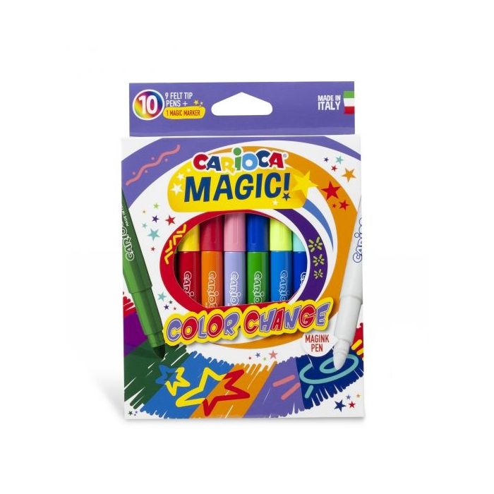 Carioca Color Change Pack de 10 Rotuladores - Tinta Magica Cambia de Color - Incluye Rotulador Magink para Dos Colores - Punta Maxi Bloqueada con Tapa Ventilada - Color Varios