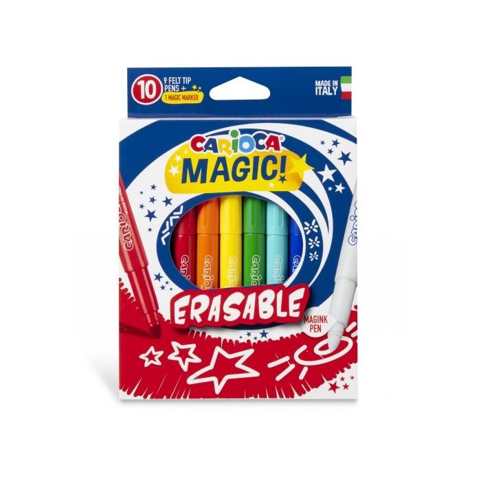 Carioca Magic Markers Pack de 10 Rotuladores Magicos Erasable - Tinta Magica Cambia de Color - Incluye Rotulador Magink para Borrar - Punta Maxi Bloqueada y con Tapa Ventilada - Color Varios