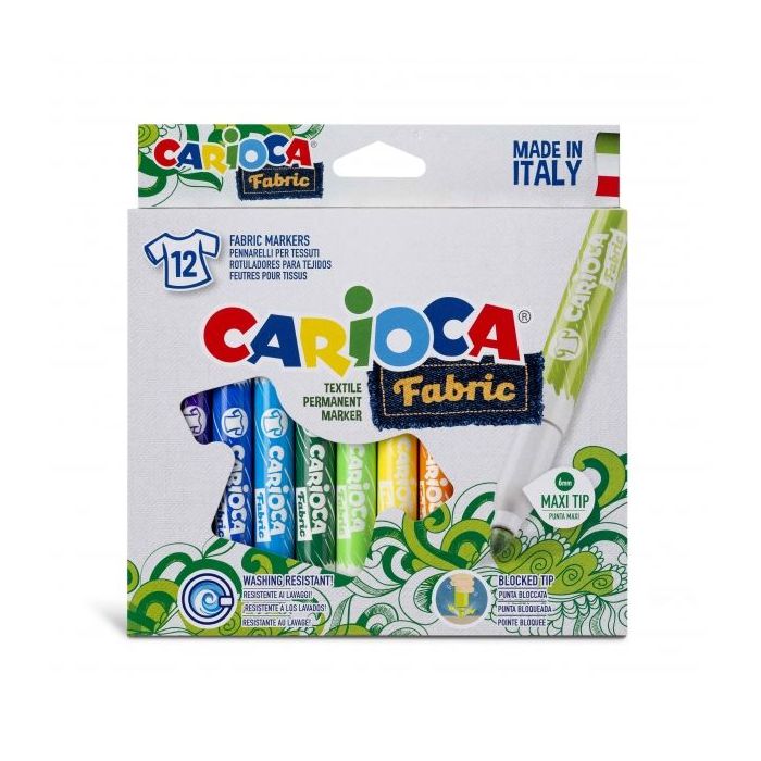 Carioca Fabric Pack de 12 Rotuladores para Tejidos - Punta Maxi Ø 6mm - Tinta Especial para Tejidos - Colores Indelebles - Planchar para Mayor Duracion y Brillo - Color Varios