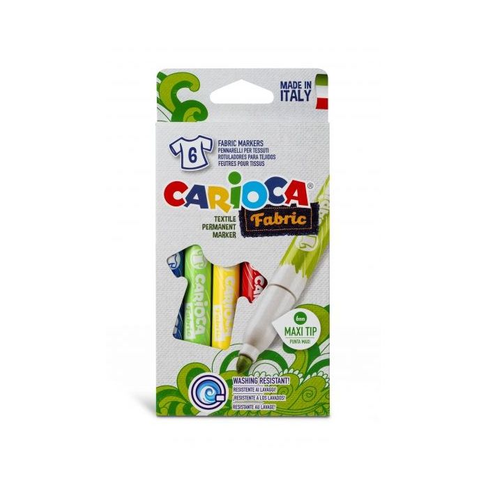 Carioca Fabric Pack de 6 Rotuladores para Tejidos - Punta Maxi Ø 6mm - Tinta Especial para Tejidos - Colores Indelebles Tras Aplicacion - Mayor Duracion y Brillo al Planchar Reverso - Color Varios