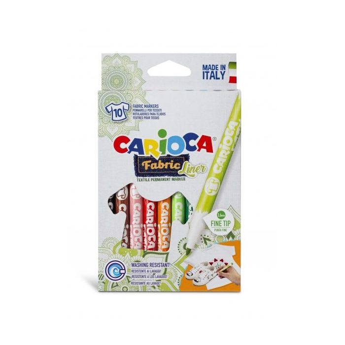 Carioca Fabric Pack de 10 Rotuladores para Tejidos - Punta Fina - Tinta Especial para Tejidos - Colores Indelebles - Punta Maxi Ø 2.6mm - Planchar para Mayor Duracion y Brillo - Color Varios
