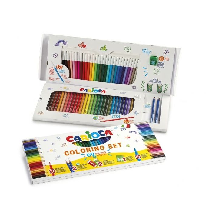 Carioca Joy Pack de 65 Piezas para Colorear - 30 Rotuladores Super Lavables - 30 Lapices de Color Superfuertes - 2 Gomas de Borrar - 2 Lapices de Grafito HB - 1 Sacapuntas con Deposito - Color Varios