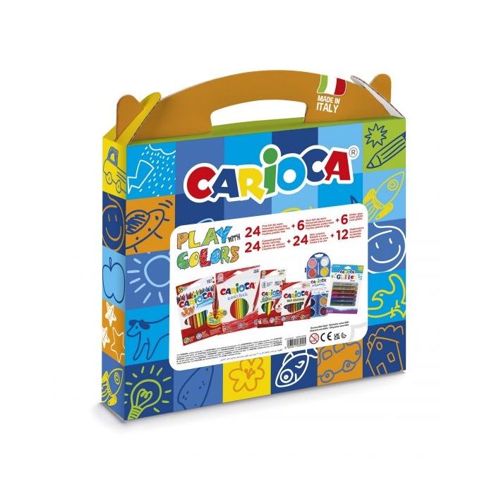 Carioca Play + Colors Pack Maletin de Plastico - 18 Lapices de Colores - 12 Acuarelas - 6 Rotuladores Jumbo Punta Maxi - 4 Rotuladores Joy Punta Fina - 24 Ceras - 6 Glitter Glues - Color Varios