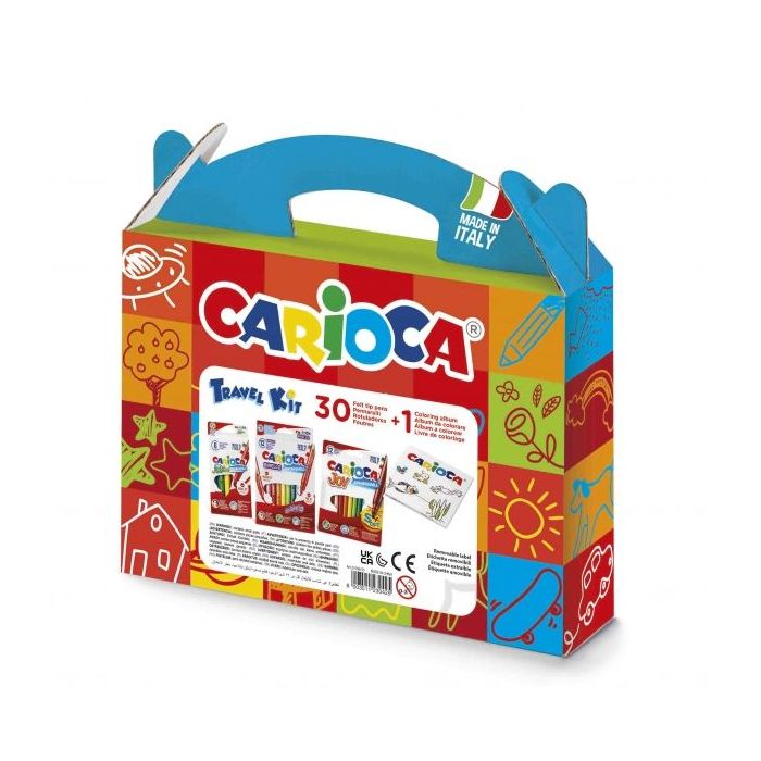 Carioca Travel Kit Maletin de Plastico - 6 Rotuladores Punta Maxi - 12 Rotuladores Punta Fina - 12 Rotuladores Doble Punta - 1 Album para Colorear - Color Varios