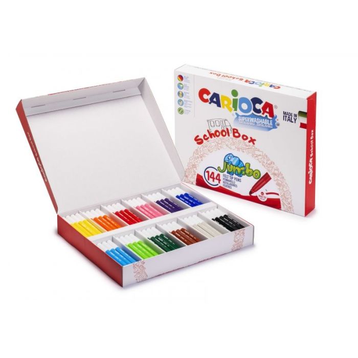 Carioca Jumbo School Box Pack de 144 Rotuladores - Cuerpo Octogonal Maxi - Tinta Superlavable - Punta Maxi 6mm Bloqueada - Tapa Ventilada - Color Varios