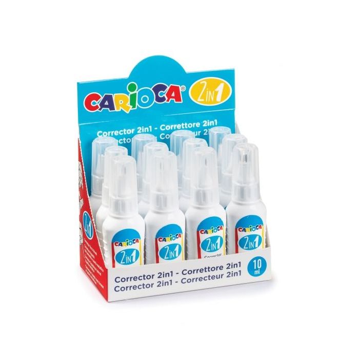 Carioca Expositor de 12 Correctores 2En1 - Boligrafo y Pincel - Pincel de Nylon Suave y Preciso - Punta Metalica de Precision - Secado Rapido - Color Blanco