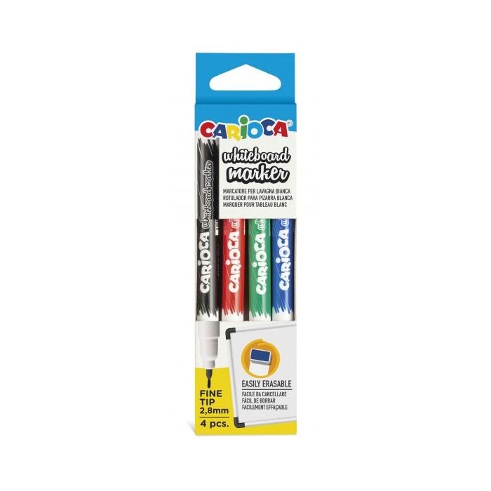 Carioca Pack de 4 Rotuladores para Pizarra Blanca Punta Fina - Secado Rapido - Se Borra Facilmente - Punta de Ø 2.8mm - Color Varios
