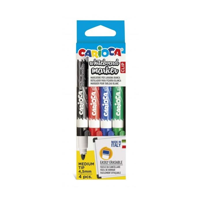 Carioca Whiteboard Clip Pack de 4 Rotuladores Borrables para Pizarras Blancas - Punta Media - Punta de Ø 4.5mm - Tapa con Clip - Secado Rapido - Color Varios