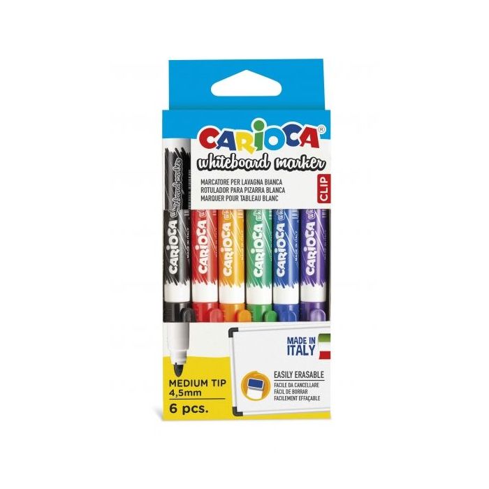 Carioca Pack de 6 Rotuladores para Pizarra Blanca Clip - Tapa con Clip - Se Borra Facilmente y Se Seca Rapidamente - Punta de Ø 4.5mm - Color Varios