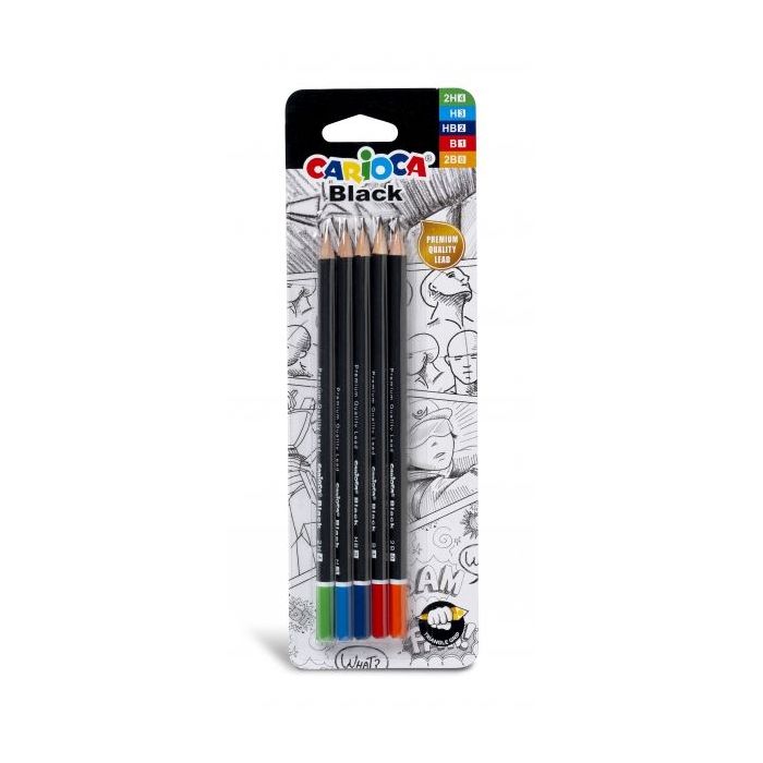 Carioca Black Pack de 5 Lapices de Grafito - Faciles de Borrar y Sacar Punta - Cuerpo Triangular Agradable al Tacto - Mina Resistente a Caidas - Color Negro