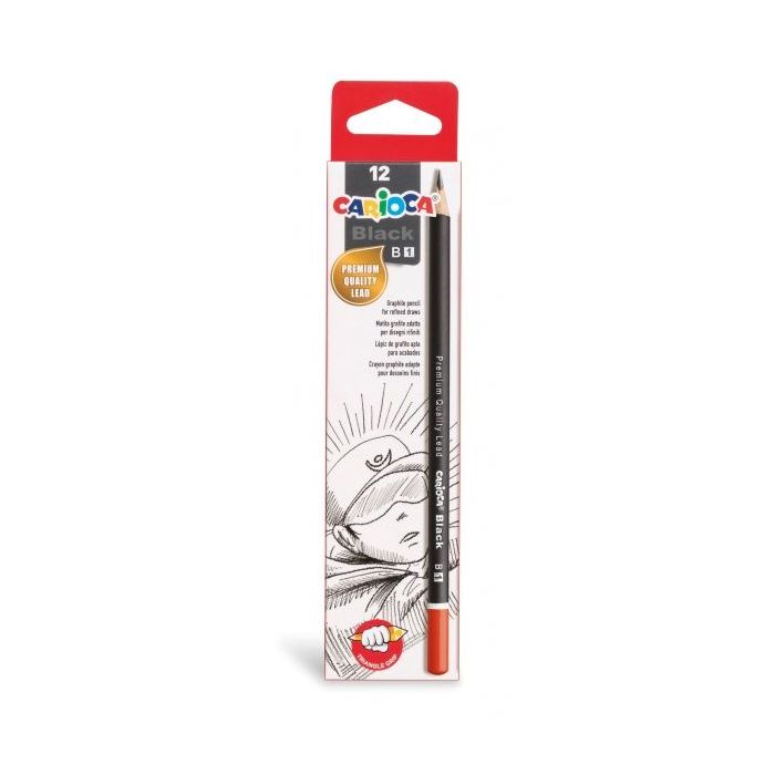 Carioca Black B Pack de 12 Lapices de Grafito - Facil de Borrar y Sacar Punta - Cuerpo Triangular Agradable al Tacto - Mina Resistente a las Caidas - Color Negro