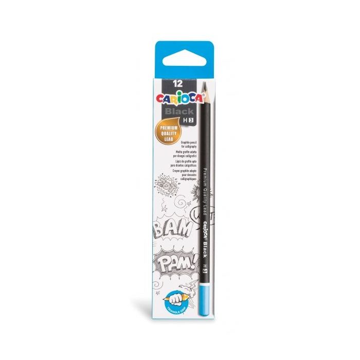 Carioca Black H Pack de 12 Lapices de Grafito - Facil de Borrar y Sacar Punta - Cuerpo Triangular Agradable al Tacto - Mina Resistente a las Caidas - Color Negro