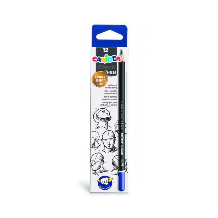 Carioca Black Pack de 12 Lapices de Grafito HB - Facil de Borrar y Sacar Punta - Cuerpo Triangular Agradable al Tacto - Mina Resistente a las Caidas - Color Negro