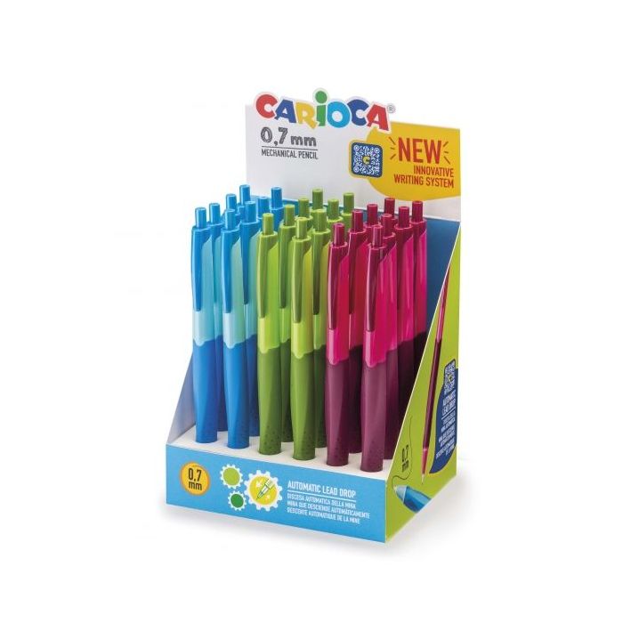 Carioca Expositor de 24 Portaminas Automaticos - Punta Mina de Ø 0.7mm - Descenso de la Mina Automatico - Empuñadura Antibacteriana - Kit de Carga con 20 Minas - Color Varios
