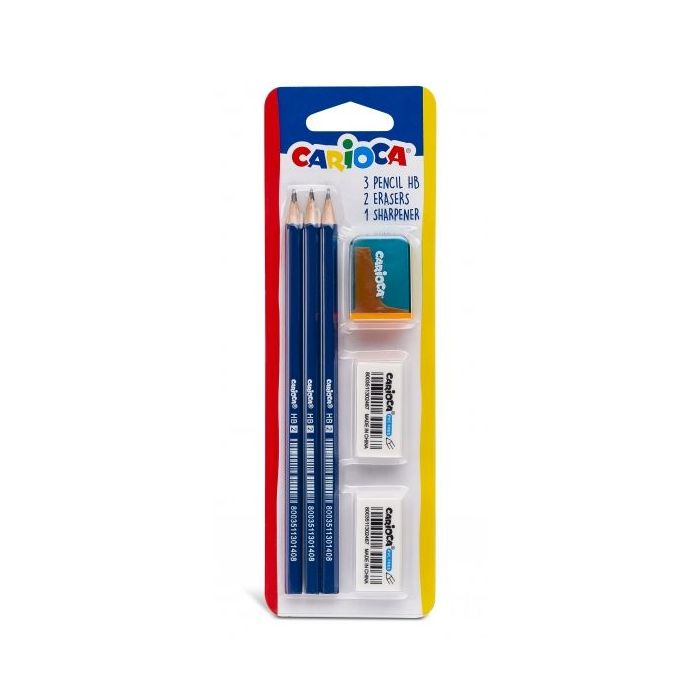 Carioca Pack de 3 Lapices de Grafito HB + 2 Gomas y Sacapunta - Facil de Borrar y Sacar Punta - Cuerpo Triangular Agradable al Tacto - Color Gris