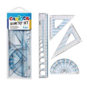 Carioca Pack Geometrico de 4 Herramientas - 1 Regla 20cm - 2 Escuadras - 1 Goniometro 180° - Herramienta Multifuncion - Practico Envase Plegable - Color Varios