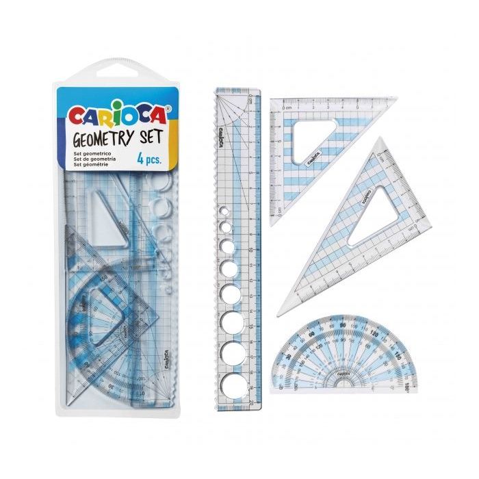 Carioca Pack Geometrico de 4 Herramientas - 1 Regla 20cm - 2 Escuadras - 1 Goniometro 180° - Herramienta Multifuncion - Practico Envase Plegable - Color Varios