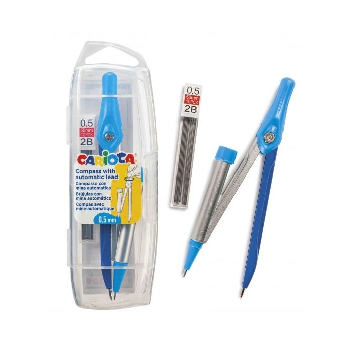 Carioca Pack de Bolsillo Compass 0.5mm + Recarga - Compas Ajustable con Portaminas - Kit de Carga Mina HB 0.5 - Descenso de la Mina por Clic - Color Varios