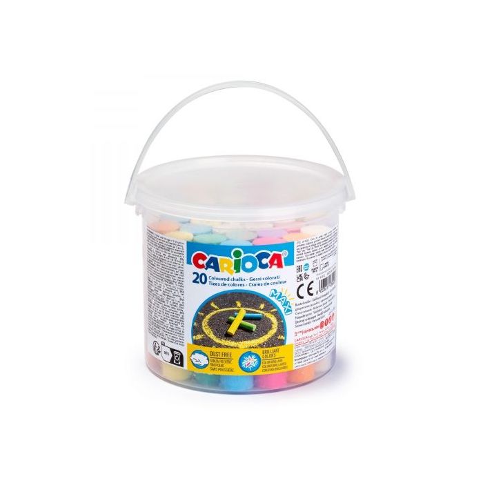 Carioca Pack de 20 Tizas Maxi Bote con Asa - sin Polvo - Colores Brillantes - Lavables - Faciles de Borrar - Color Varios