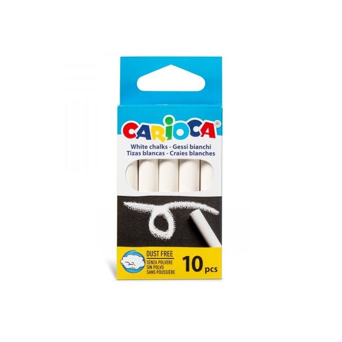 Carioca Pack de 10 Tizas Estandar - sin Polvo - Colores Brillantes - Lavables - Faciles de Borrar - Color Blanco