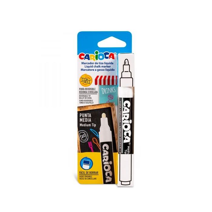 Carioca Tiza Liquida - a Base de Agua - Punta Reversible - Colores Brillantes - Resistentes a la Luz - Faciles de Borrar - Aplicable sobre Pizarra y Cristal - Color Blanco
