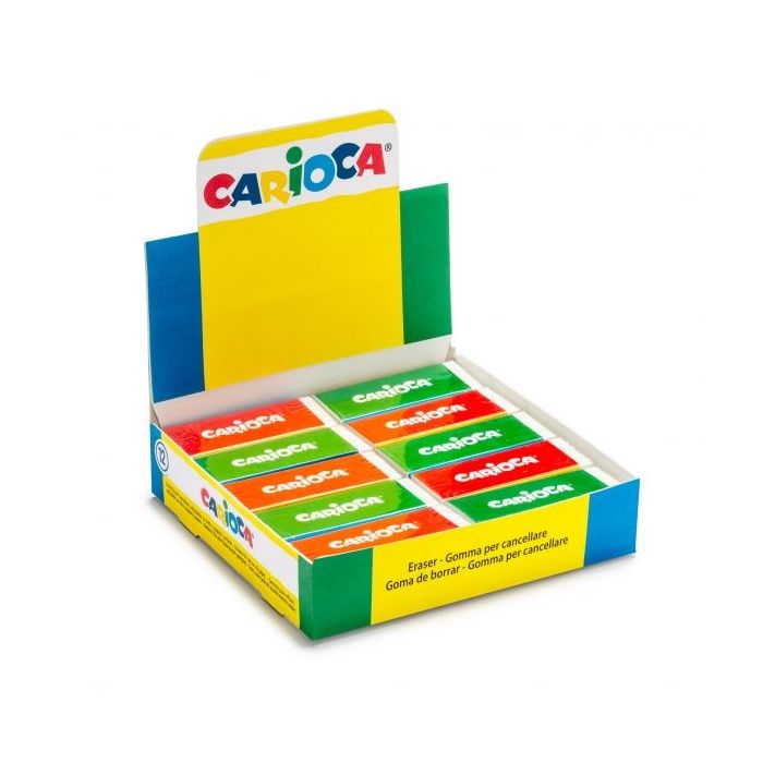 Carioca Expositor de 20 Gomas Cuadradas - Alta Calidad - Borrado Eficiente - Duraderas - Color Varios
