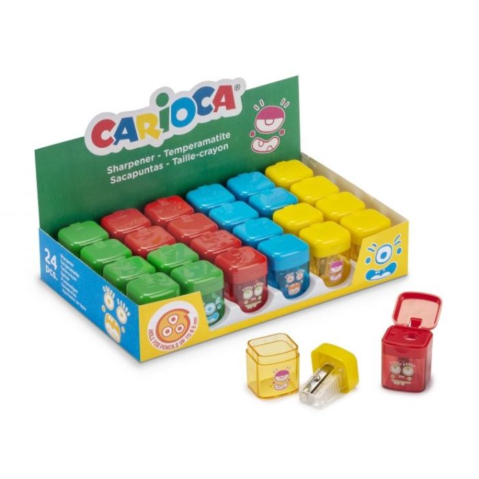 Carioca Expositor Pack 24 Sacapuntas de Colores con Deposito - 1 Agujero - Apto para Lapices/Ceras Triangulares, Redondos y Hexagonales - Tornillo de Seguridad en la Lama - Color Varios