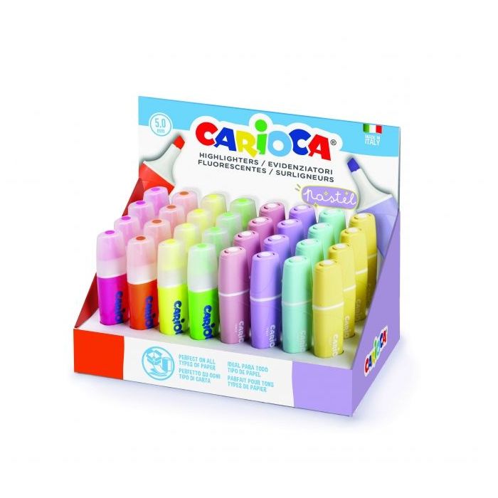 Carioca Memolight Expositor de 32 Subrayadores - Colores Fluo y Pastel - Brillantes y Lavables - Tinta a Base de Agua - Punta Biselada - Color Varios