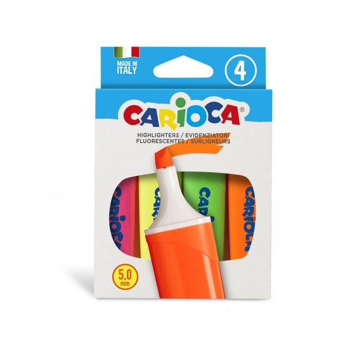 Carioca Memolight Pack de 4 Subrayadores - Punta Biselada de 5mm - Colores Brillantes y Lavables - Tinta a Base de Agua - Color Varios