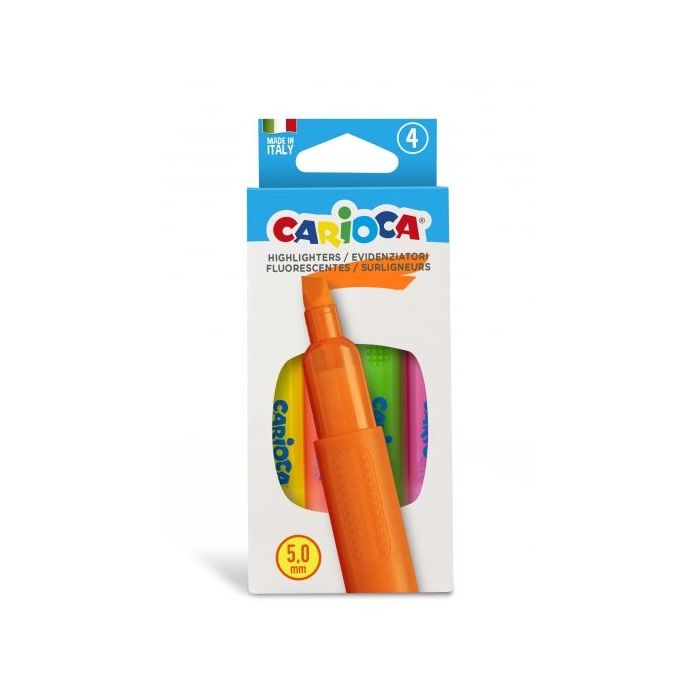 Carioca Memory Pack de 4 Subrayadores - Punta Biselada de 5mm - Brillantes y Lavables - Tinta a Base de Agua - Color Varios